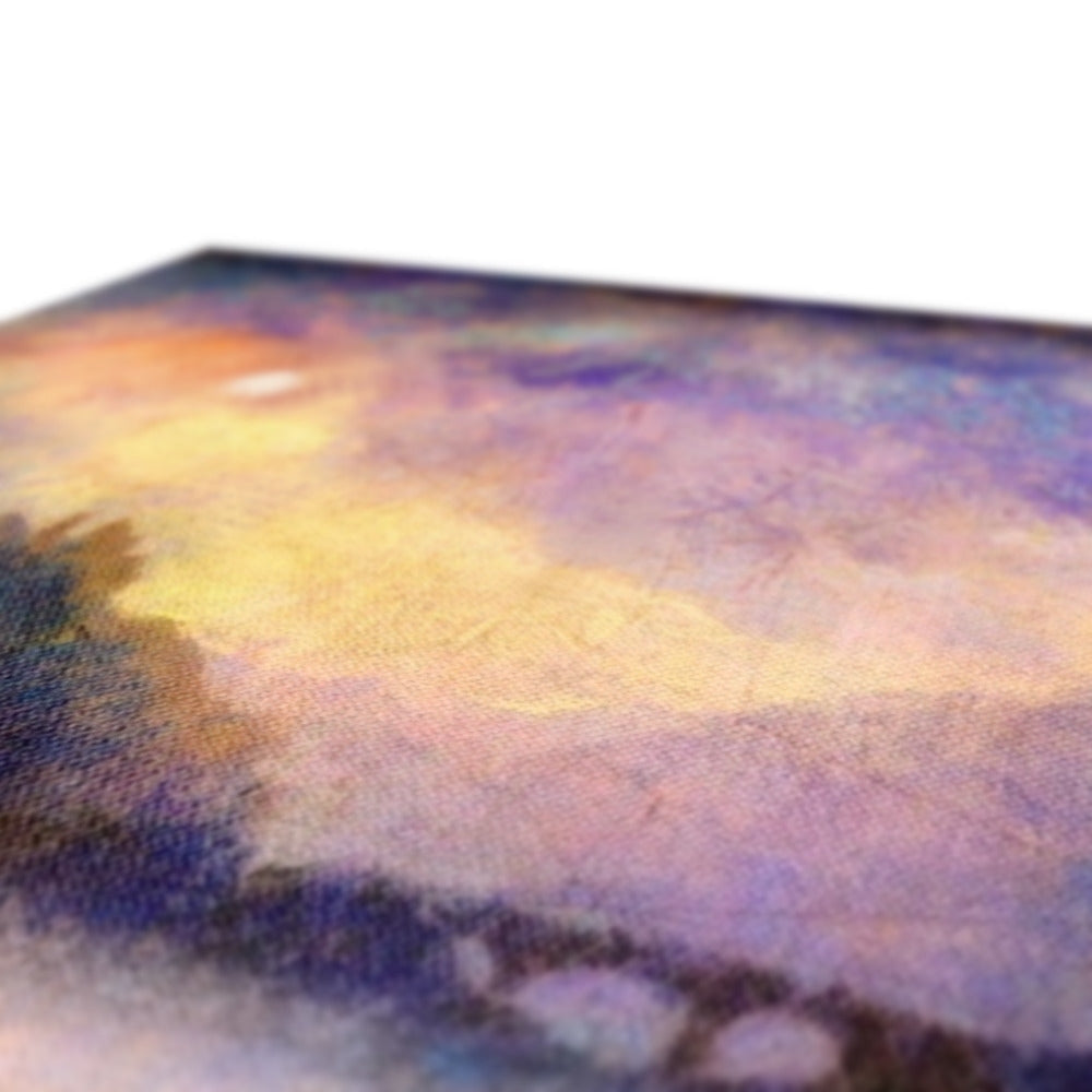 Textured canvas art print with a soft, impressionistic landscape in warm yellows, oranges, and cool purples.