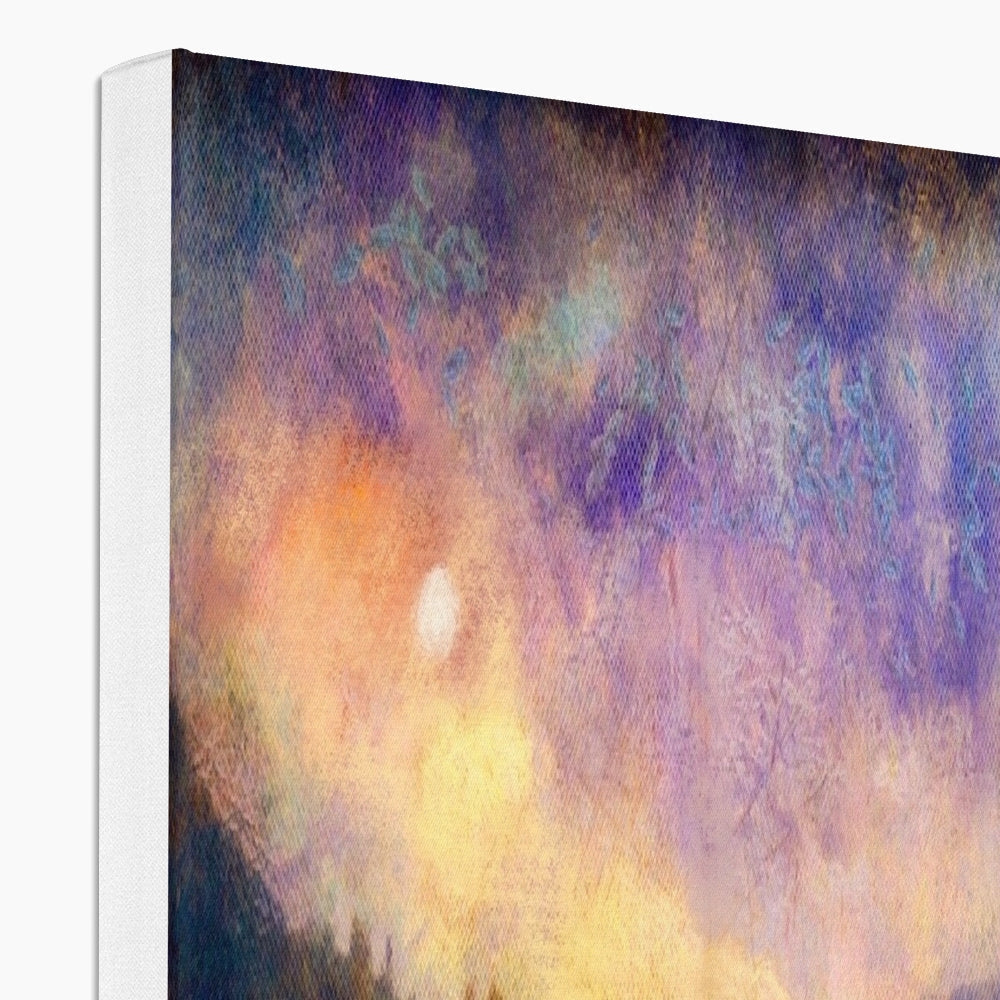 A canvas print with abstract art featuring vibrant purples, oranges, and yellows.