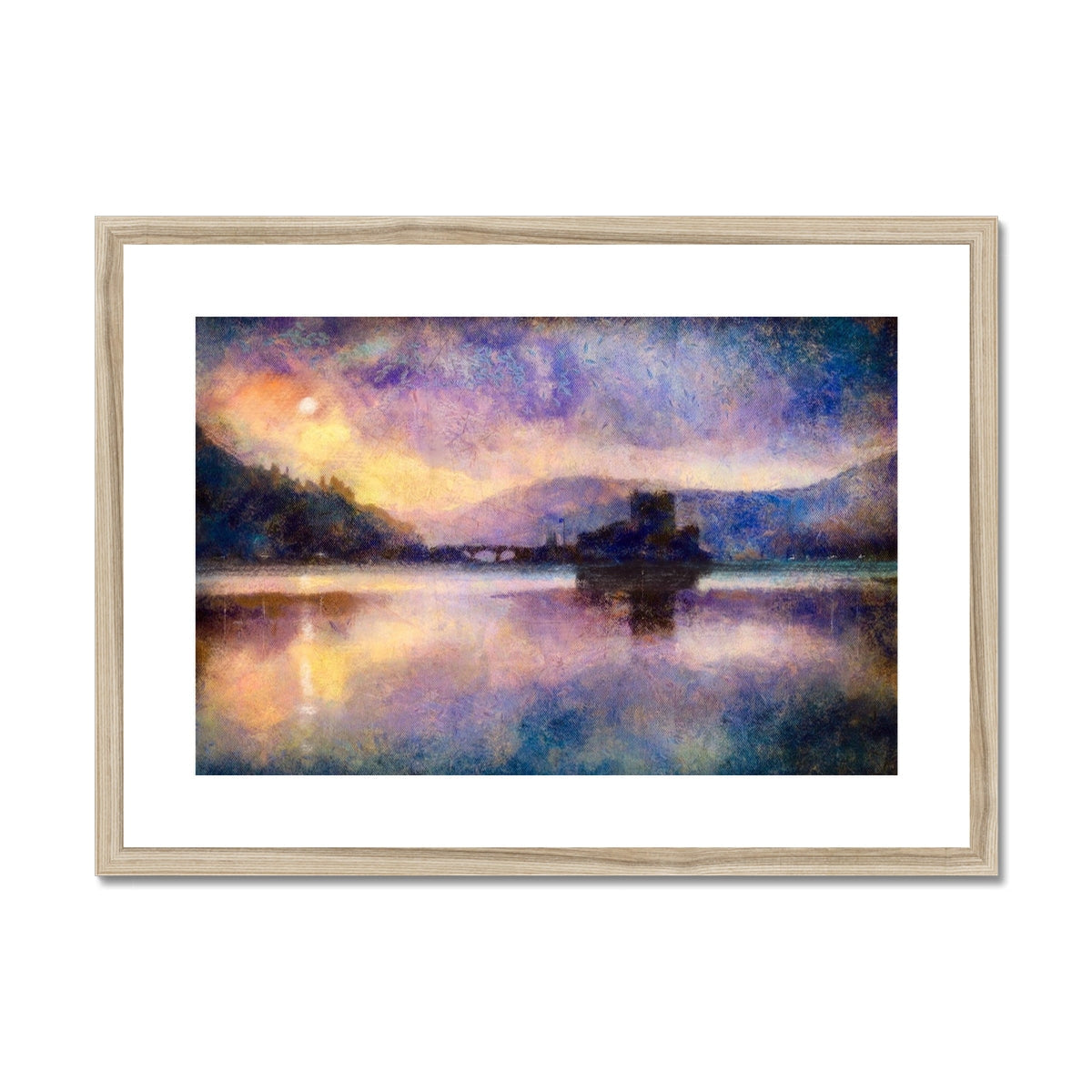 Framed impressionistic landscape print of Eilean Donan Castle at sunset for wall decor