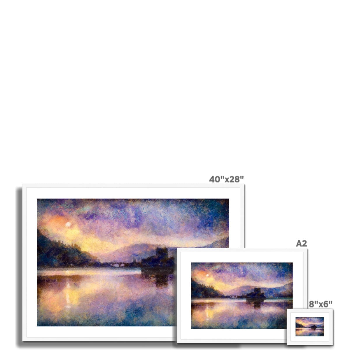 Three framed impressionistic landscape prints from the Eilean Donan Castle Moonlight collection