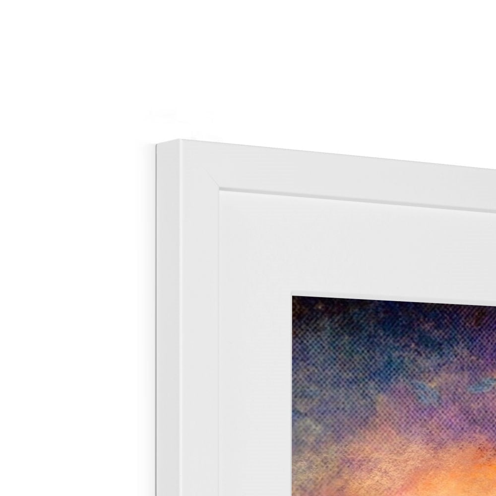 White-framed artwork featuring a colorful abstract painting for Eilean Donan Castle Moonlight print