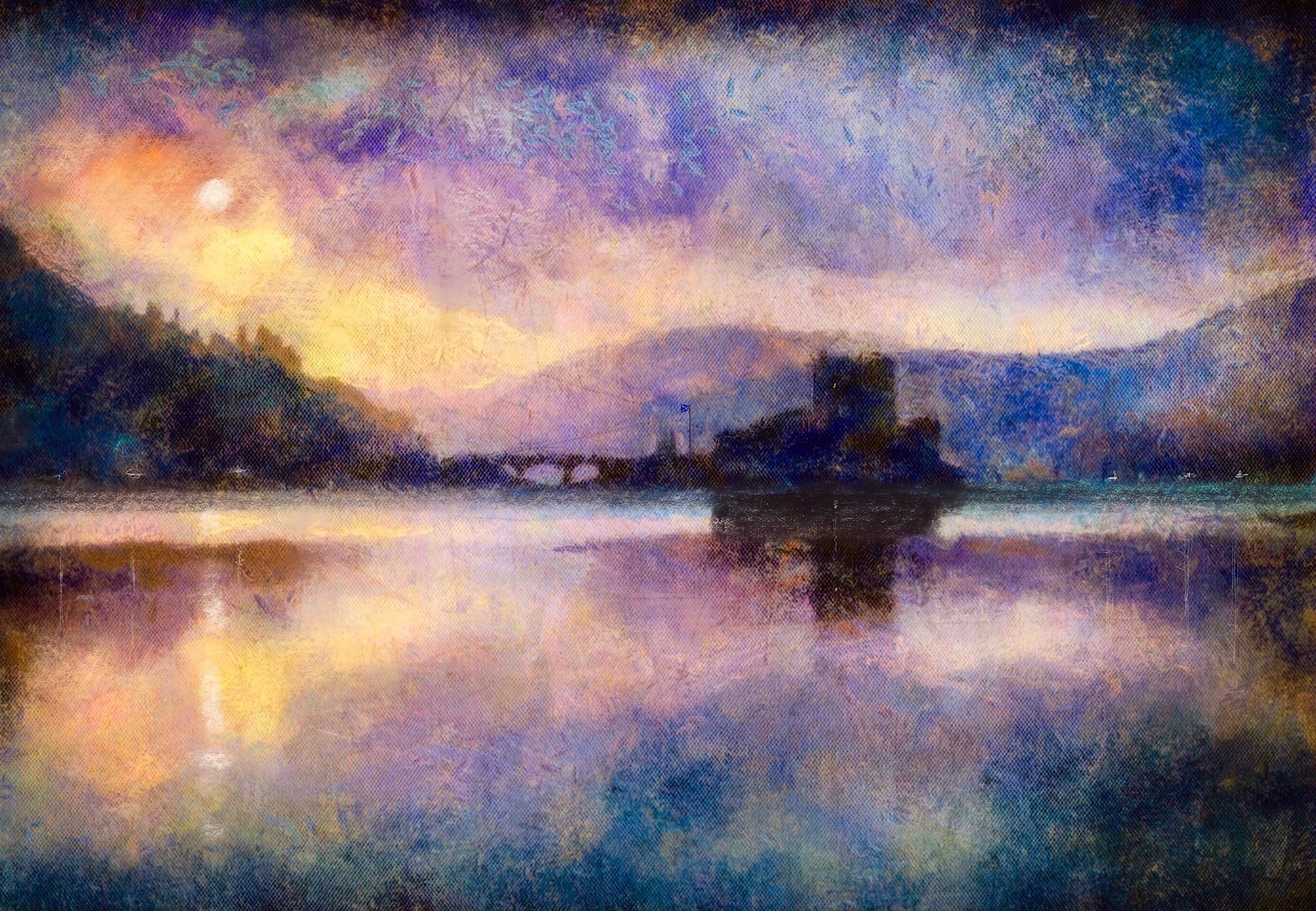 Impressionistic painting of Eilean Donan Castle on a lake at sunset for Scottish landscape art