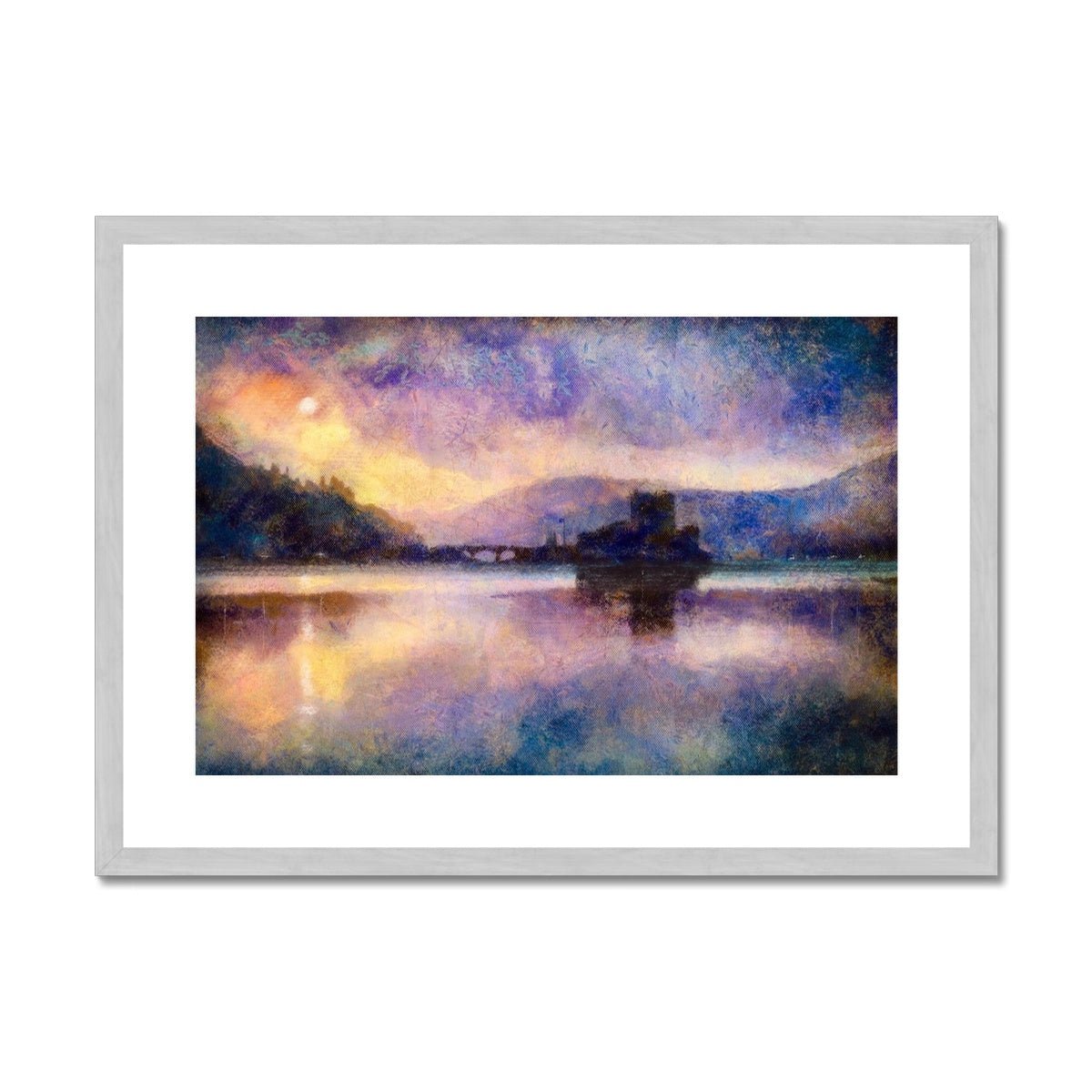 Eilean Donan Castle Moonlight Painting | Antique Framed & Mounted Prints From Scotland-Antique Framed & Mounted Prints-Historic & Iconic Scotland Art Gallery-A2 Landscape-Silver Frame-Paintings, Prints, Homeware, Art Gifts From Scotland By Scottish Artist Kevin Hunter