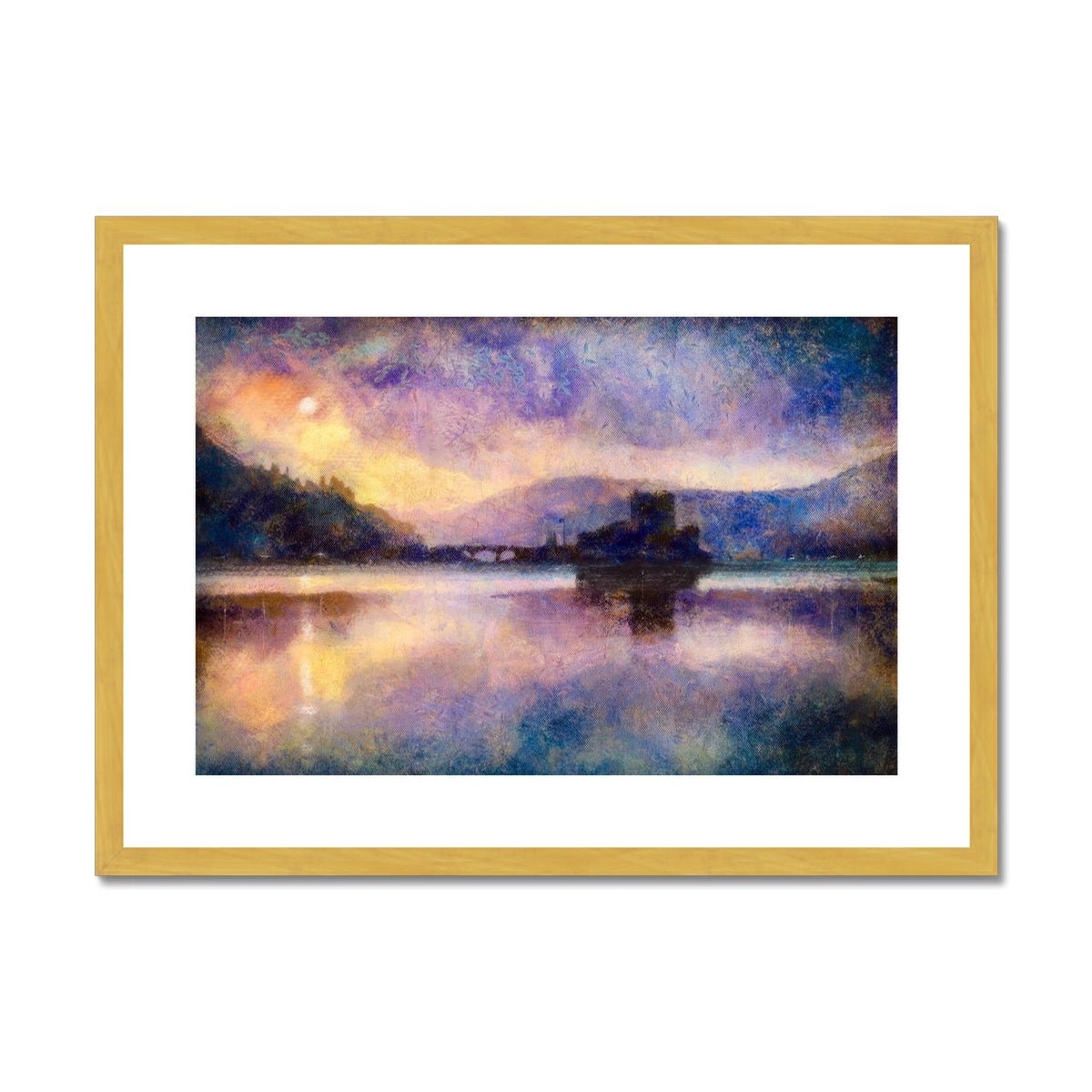 Eilean Donan Castle Moonlight Painting | Antique Framed & Mounted Prints From Scotland-Antique Framed & Mounted Prints-Scottish Castles Art Gallery-A2 Landscape-Gold Frame-Paintings, Prints, Homeware, Art Gifts From Scotland By Scottish Artist Kevin Hunter