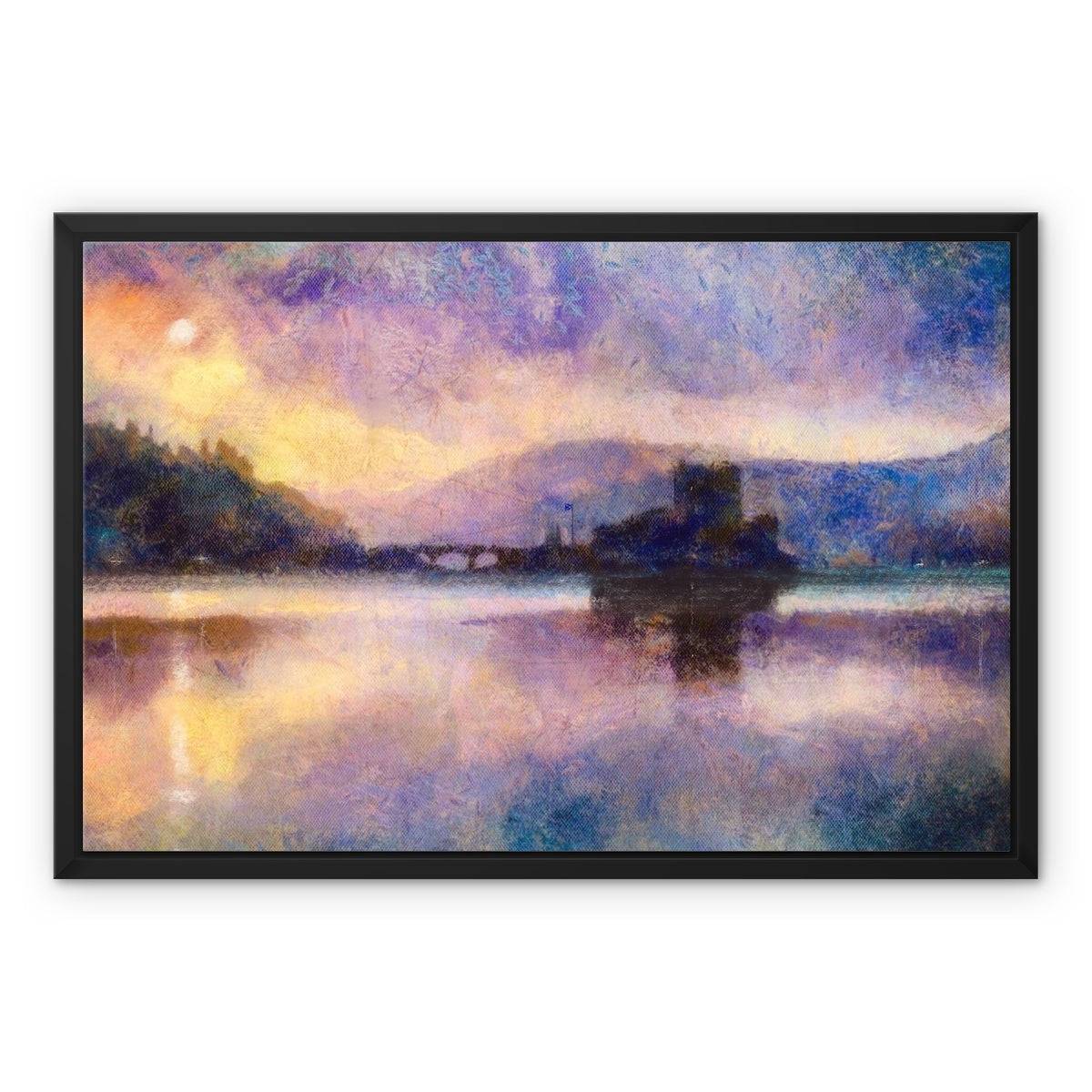 Eilean Donan Castle Moonlight Painting | Framed Canvas From Scotland-Floating Framed Canvas Prints-Historic & Iconic Scotland Art Gallery-24"x18"-Black Frame-Paintings, Prints, Homeware, Art Gifts From Scotland By Scottish Artist Kevin Hunter