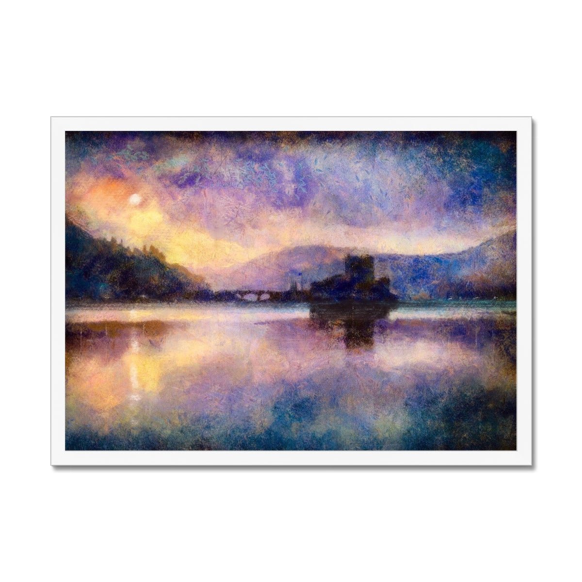 Eilean Donan Castle Moonlight Painting | Framed Prints From Scotland-Framed Prints-Scottish Castles Art Gallery-A2 Landscape-White Frame-Paintings, Prints, Homeware, Art Gifts From Scotland By Scottish Artist Kevin Hunter