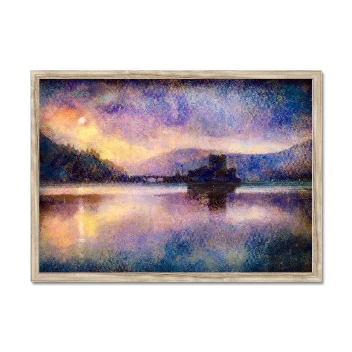 Eilean Donan Castle Moonlight Painting | Framed Prints From Scotland-Framed Prints-Scottish Castles Art Gallery-A2 Landscape-Natural Frame-Paintings, Prints, Homeware, Art Gifts From Scotland By Scottish Artist Kevin Hunter