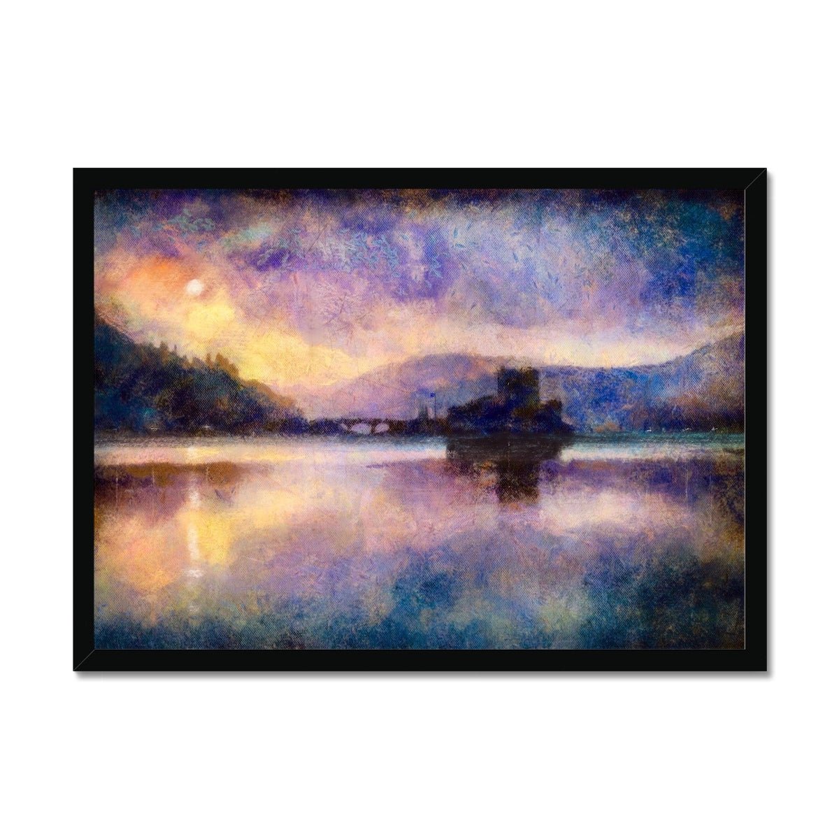 Eilean Donan Castle Moonlight Painting | Framed Prints From Scotland-Framed Prints-Scottish Castles Art Gallery-A2 Landscape-Black Frame-Paintings, Prints, Homeware, Art Gifts From Scotland By Scottish Artist Kevin Hunter