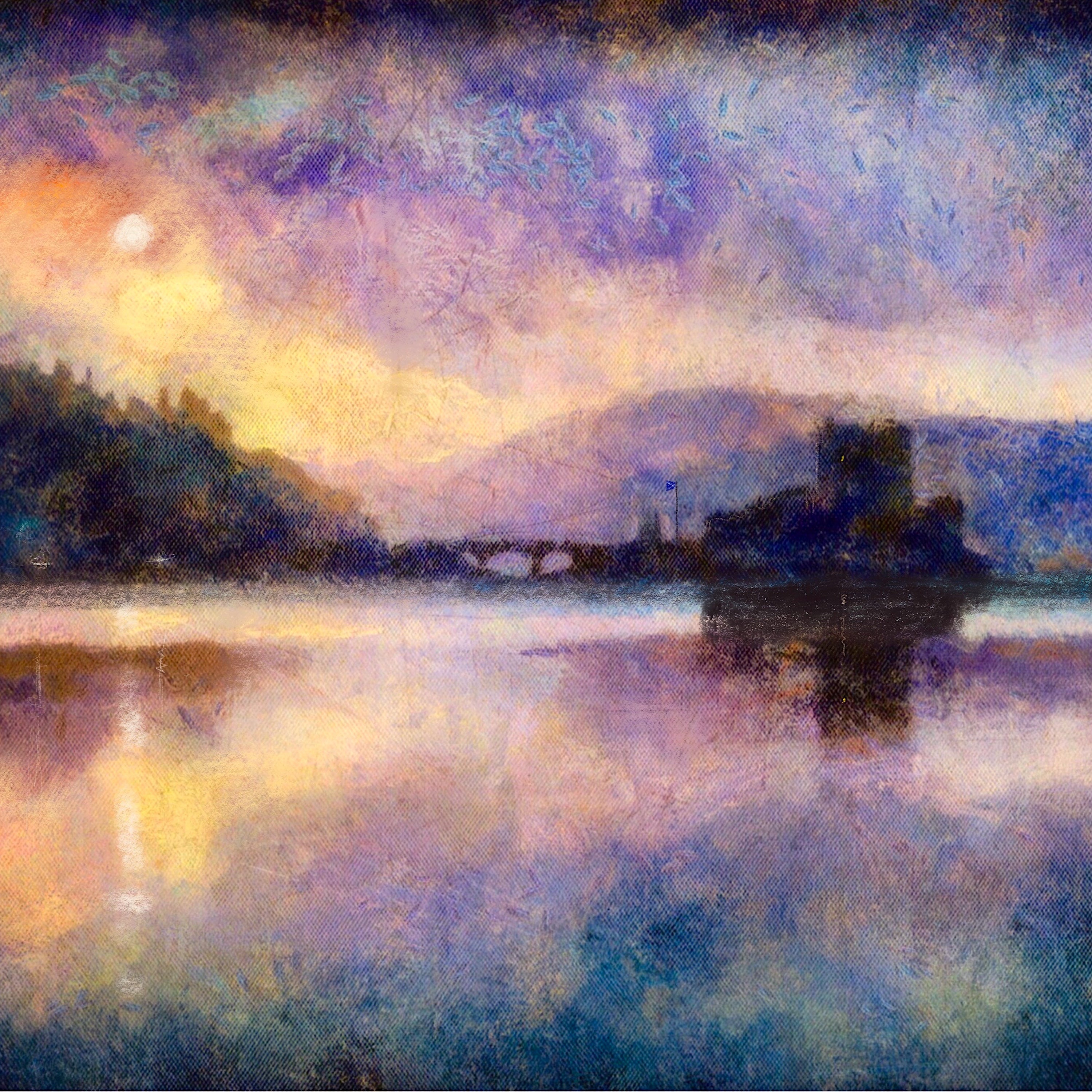 Painting of a sunset over a lake with a distant castle and bridge in Eilean Donan Castle Moonlight Scotland In Your Pocket