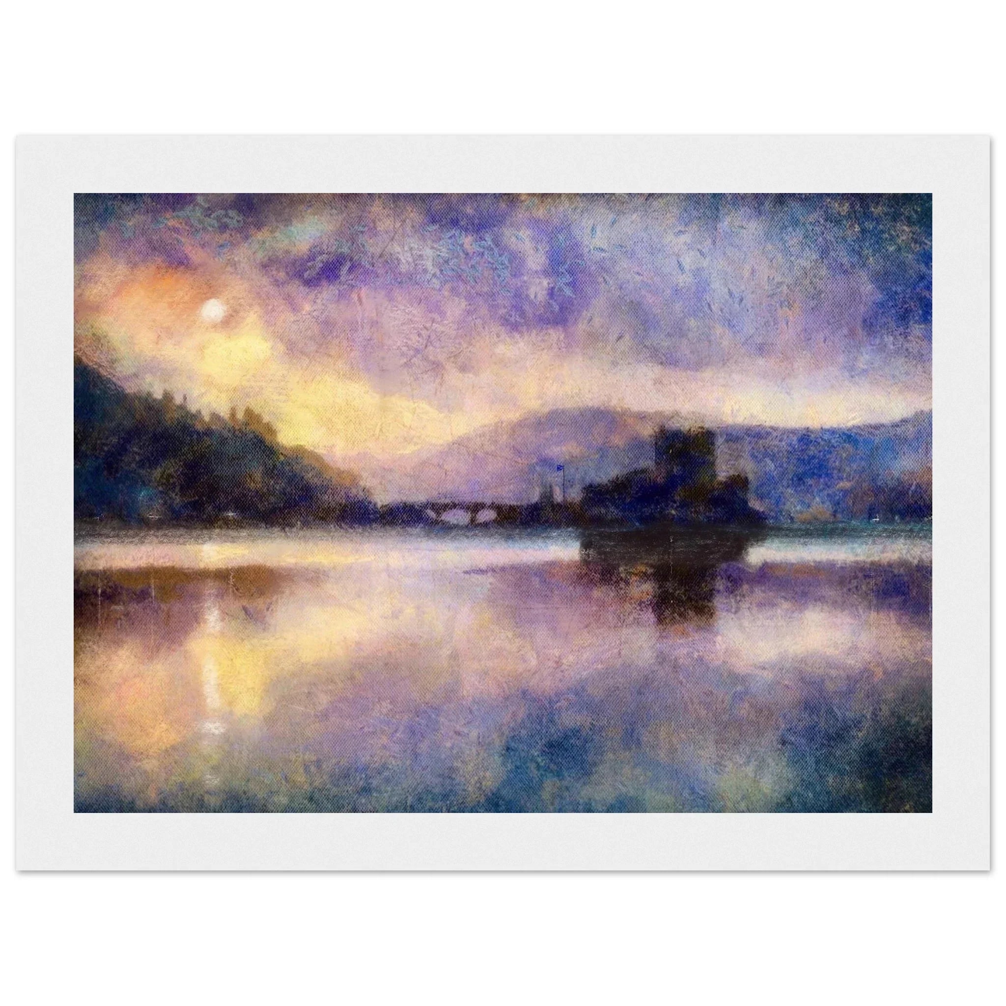Impressionist twilight lake with Eilean Donan Castle silhouette