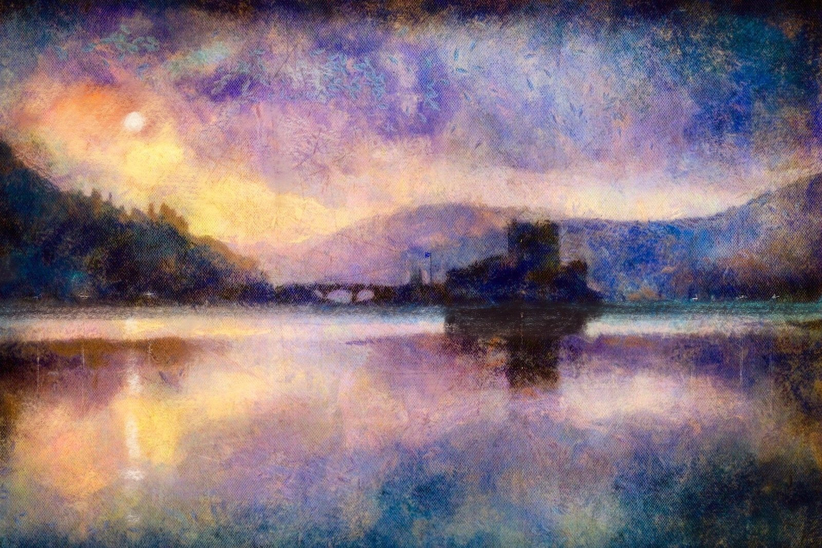 Painting of a sunset over a lake with mountains and Eilean Donan Castle in Scotland