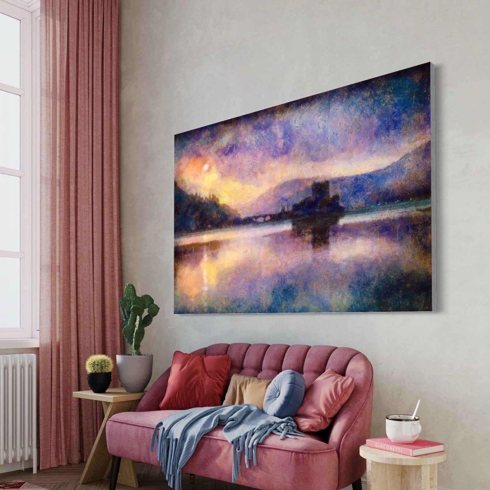 Abstract landscape painting of Eilean Donan Castle under moonlight for Scottish wall art