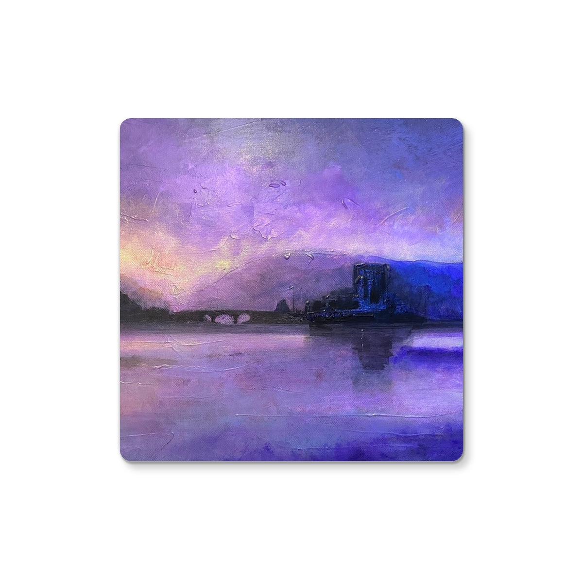 Eilean Donan Castle Moonset Art Gifts Coaster-Coasters-Historic & Iconic Scotland Art Gallery-Single Coaster-Paintings, Prints, Homeware, Art Gifts From Scotland By Scottish Artist Kevin Hunter