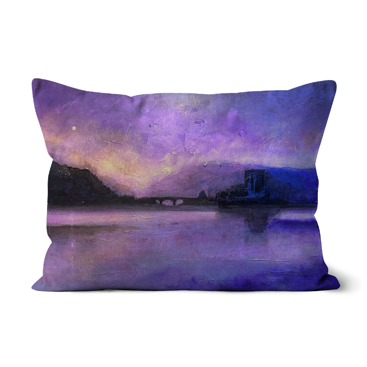 Eilean Donan Castle Moonset Art Gifts Cushion-Cushions-Historic & Iconic Scotland Art Gallery-Linen-19"x13"-Paintings, Prints, Homeware, Art Gifts From Scotland By Scottish Artist Kevin Hunter