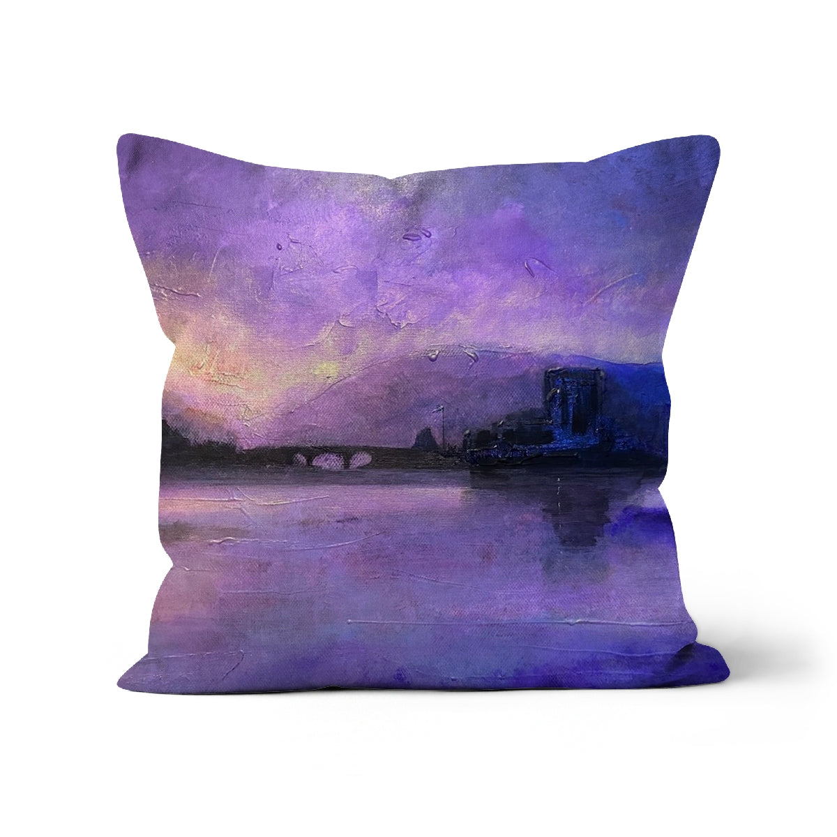 Eilean Donan Castle Moonset Art Gifts Cushion | Historic &amp; Iconic Scotland Art Gallery | Paintings, Prints, Homeware and Art Gifts From Scotland By Scottish Artist Kevin Hunter