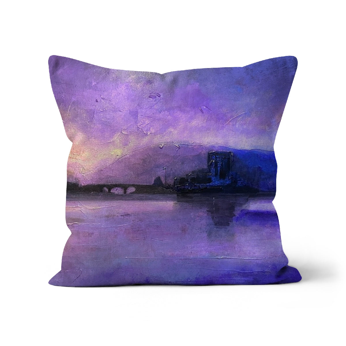 Eilean Donan Castle Moonset Art Gifts Cushion-Cushions-Historic & Iconic Scotland Art Gallery-Canvas-12"x12"-Paintings, Prints, Homeware, Art Gifts From Scotland By Scottish Artist Kevin Hunter