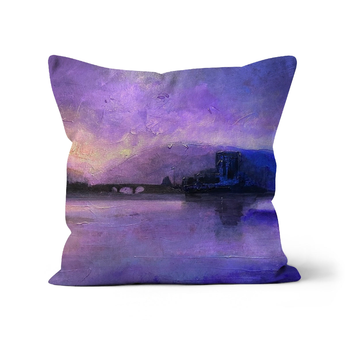 Eilean Donan Castle Moonset Art Gifts Cushion-Cushions-Historic & Iconic Scotland Art Gallery-Faux Suede-16"x16"-Paintings, Prints, Homeware, Art Gifts From Scotland By Scottish Artist Kevin Hunter
