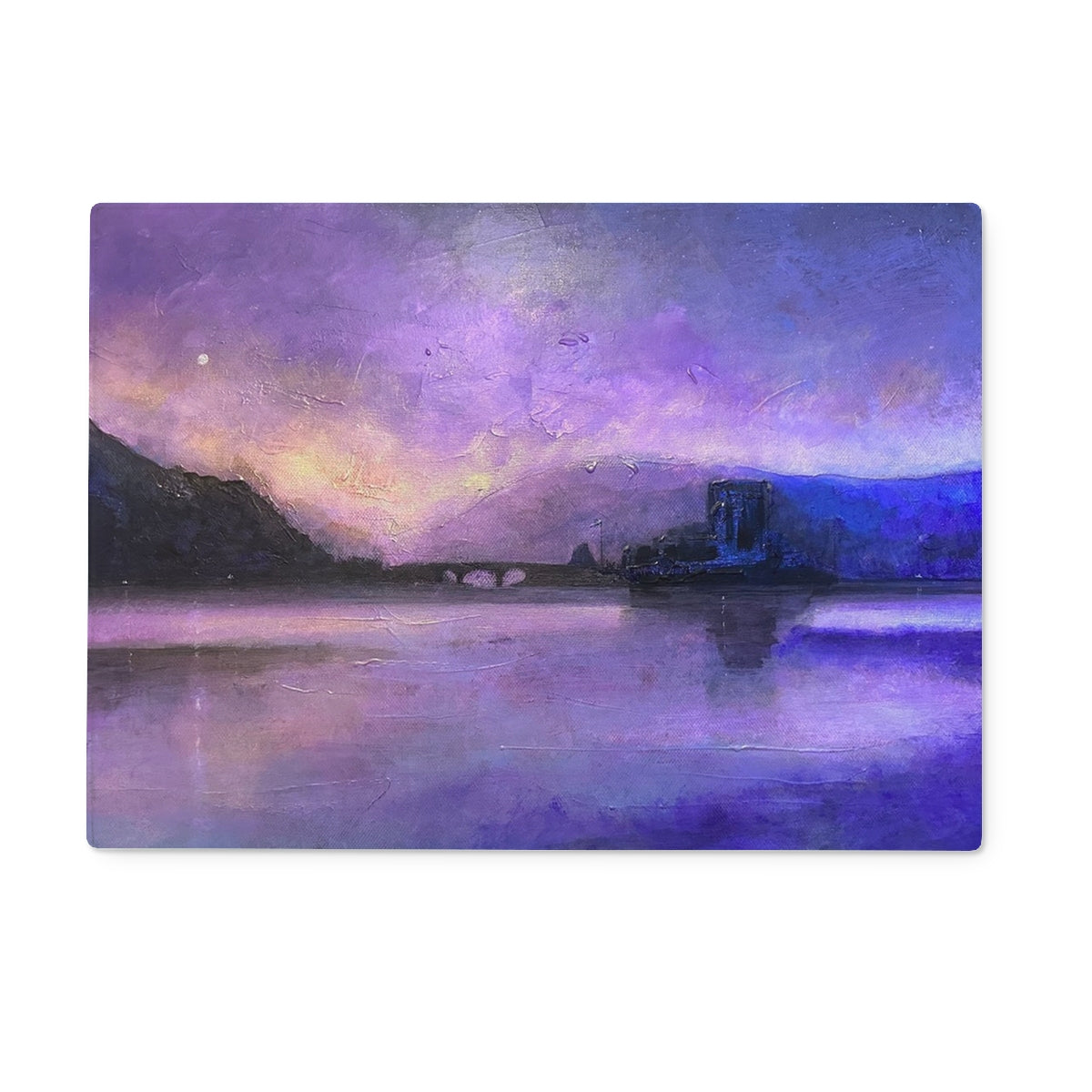 Eilean Donan Castle Moonset Art Gifts Glass Chopping Board-Glass Chopping Boards-Historic & Iconic Scotland Art Gallery-15"x11" Rectangular-Paintings, Prints, Homeware, Art Gifts From Scotland By Scottish Artist Kevin Hunter