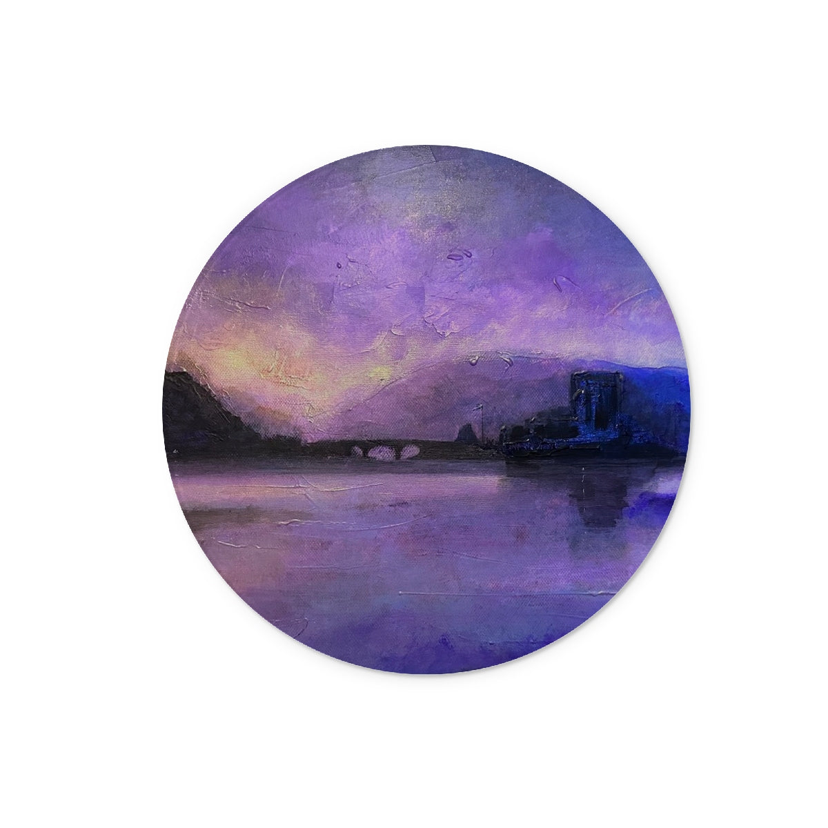 Eilean Donan Castle Moonset Art Gifts Glass Chopping Board-Glass Chopping Boards-Historic & Iconic Scotland Art Gallery-12" Round-Paintings, Prints, Homeware, Art Gifts From Scotland By Scottish Artist Kevin Hunter