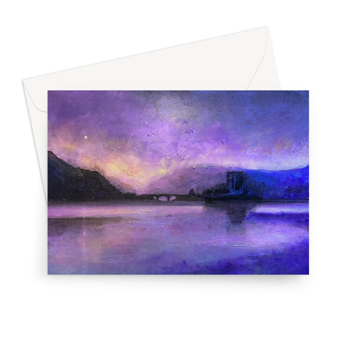 Eilean Donan Castle Moonset Art Gifts Greeting Card-Greetings Cards-Historic & Iconic Scotland Art Gallery-7"x5"-1 Card-Paintings, Prints, Homeware, Art Gifts From Scotland By Scottish Artist Kevin Hunter