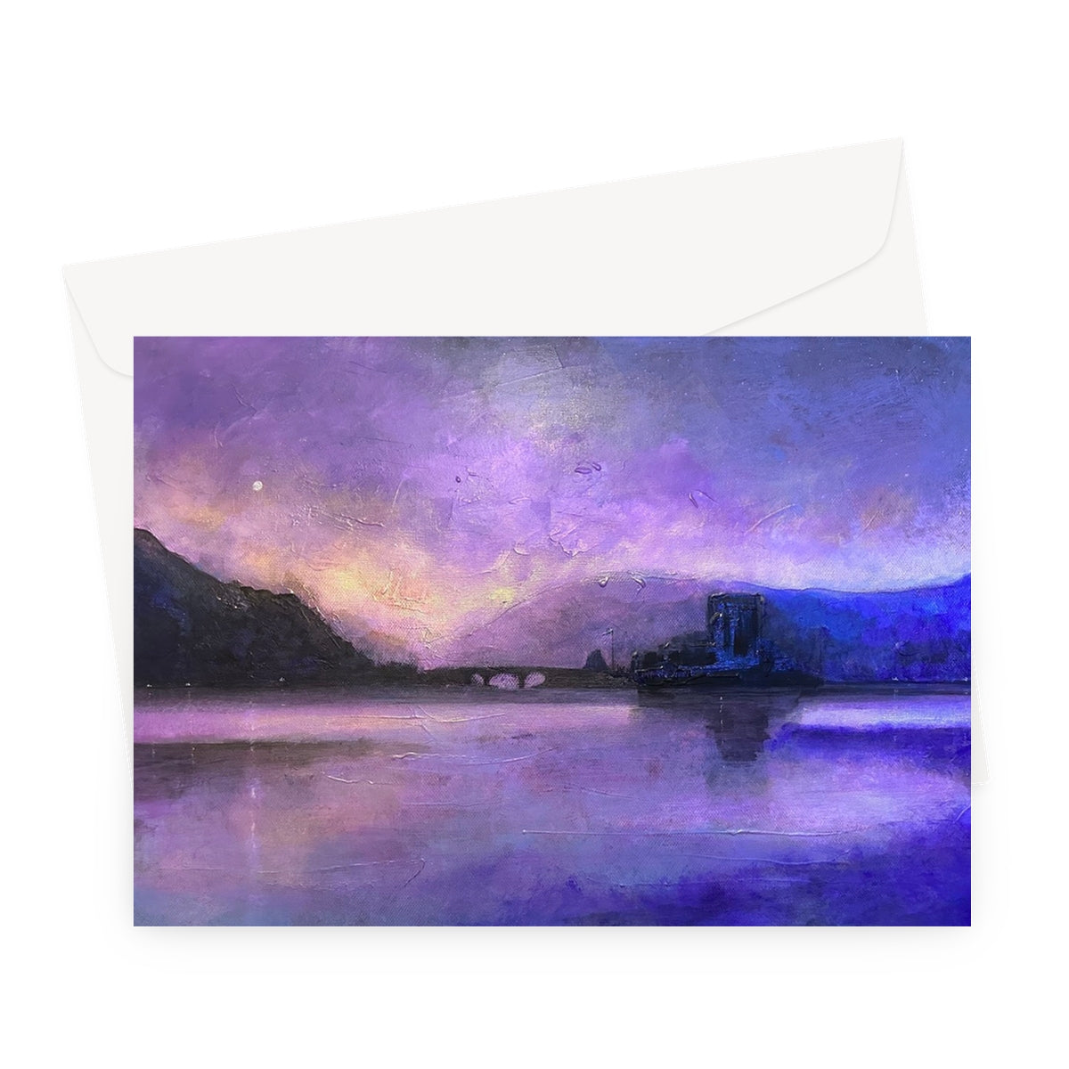 Eilean Donan Castle Moonset Art Gifts Greeting Card-Greetings Cards-Historic & Iconic Scotland Art Gallery-A5 Landscape-10 Cards-Paintings, Prints, Homeware, Art Gifts From Scotland By Scottish Artist Kevin Hunter