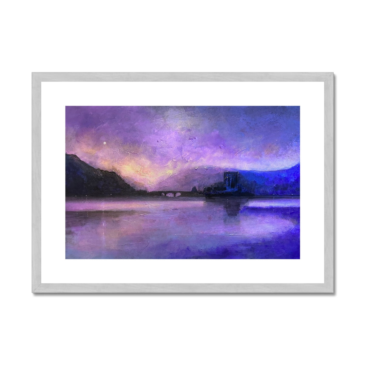 Eilean Donan Castle Moonset Painting | Antique Framed & Mounted Prints From Scotland-Antique Framed & Mounted Prints-Historic & Iconic Scotland Art Gallery-A2 Landscape-Silver Frame-Paintings, Prints, Homeware, Art Gifts From Scotland By Scottish Artist Kevin Hunter