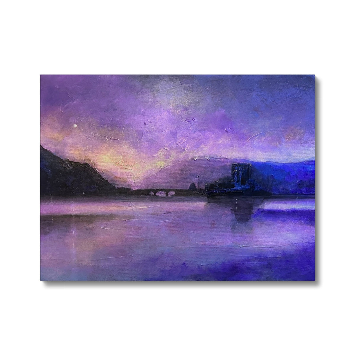 Eilean Donan Castle Moonset Painting | Canvas From Scotland-Contemporary Stretched Canvas Prints-Historic & Iconic Scotland Art Gallery-24"x18"-Paintings, Prints, Homeware, Art Gifts From Scotland By Scottish Artist Kevin Hunter