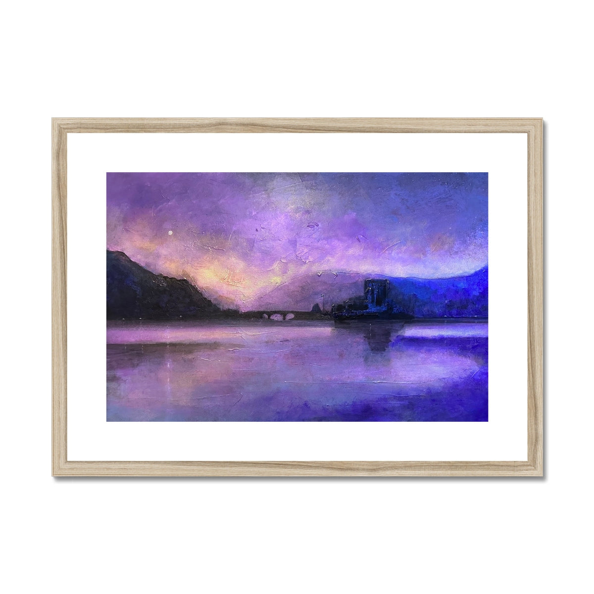 Eilean Donan Castle Moonset Painting | Framed & Mounted Prints From Scotland-Framed & Mounted Prints-Historic & Iconic Scotland Art Gallery-A2 Landscape-Natural Frame-Paintings, Prints, Homeware, Art Gifts From Scotland By Scottish Artist Kevin Hunter
