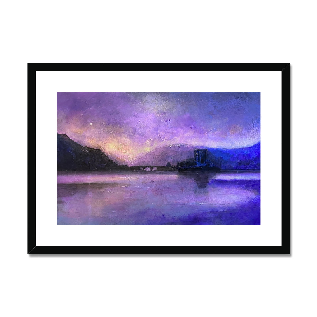 Eilean Donan Castle Moonset Painting | Framed & Mounted Prints From Scotland-Framed & Mounted Prints-Historic & Iconic Scotland Art Gallery-A2 Landscape-Black Frame-Paintings, Prints, Homeware, Art Gifts From Scotland By Scottish Artist Kevin Hunter