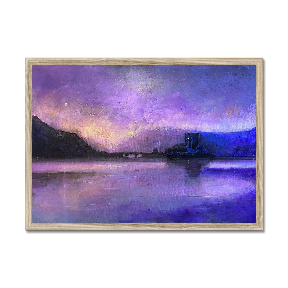 Eilean Donan Castle Moonset Painting | Framed Prints From Scotland-Framed Prints-Historic & Iconic Scotland Art Gallery-A2 Landscape-Natural Frame-Paintings, Prints, Homeware, Art Gifts From Scotland By Scottish Artist Kevin Hunter