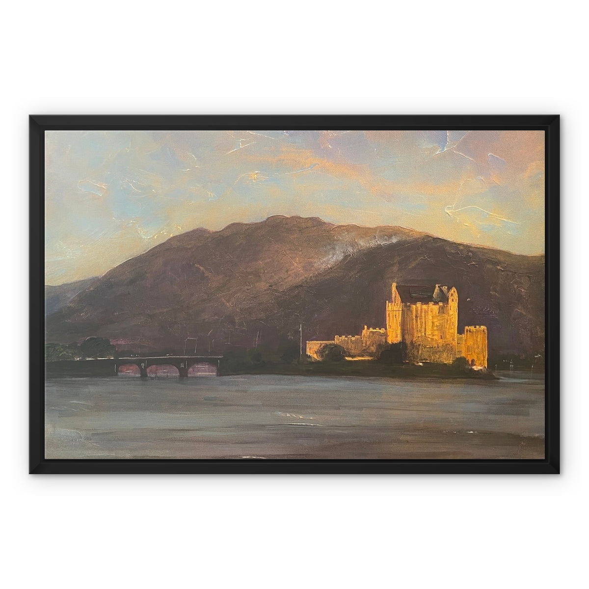Eilean Donan Castle Painting | Framed Canvas From Scotland-Floating Framed Canvas Prints-Historic & Iconic Scotland Art Gallery-24"x18"-Paintings, Prints, Homeware, Art Gifts From Scotland By Scottish Artist Kevin Hunter