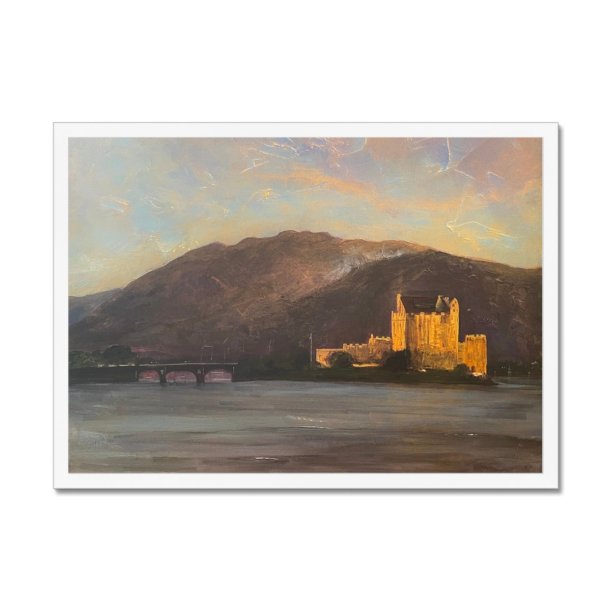 Eilean Donan Castle Painting | Framed Prints From Scotland-Framed Prints-Historic & Iconic Scotland Art Gallery-A2 Landscape-White Frame-Paintings, Prints, Homeware, Art Gifts From Scotland By Scottish Artist Kevin Hunter