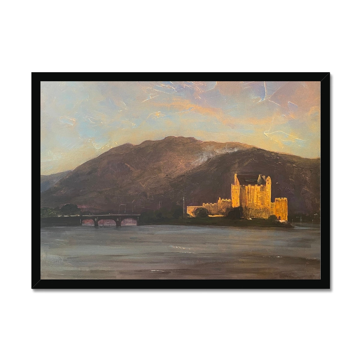 Eilean Donan Castle Painting | Framed Prints From Scotland-Framed Prints-Historic & Iconic Scotland Art Gallery-A2 Landscape-Black Frame-Paintings, Prints, Homeware, Art Gifts From Scotland By Scottish Artist Kevin Hunter