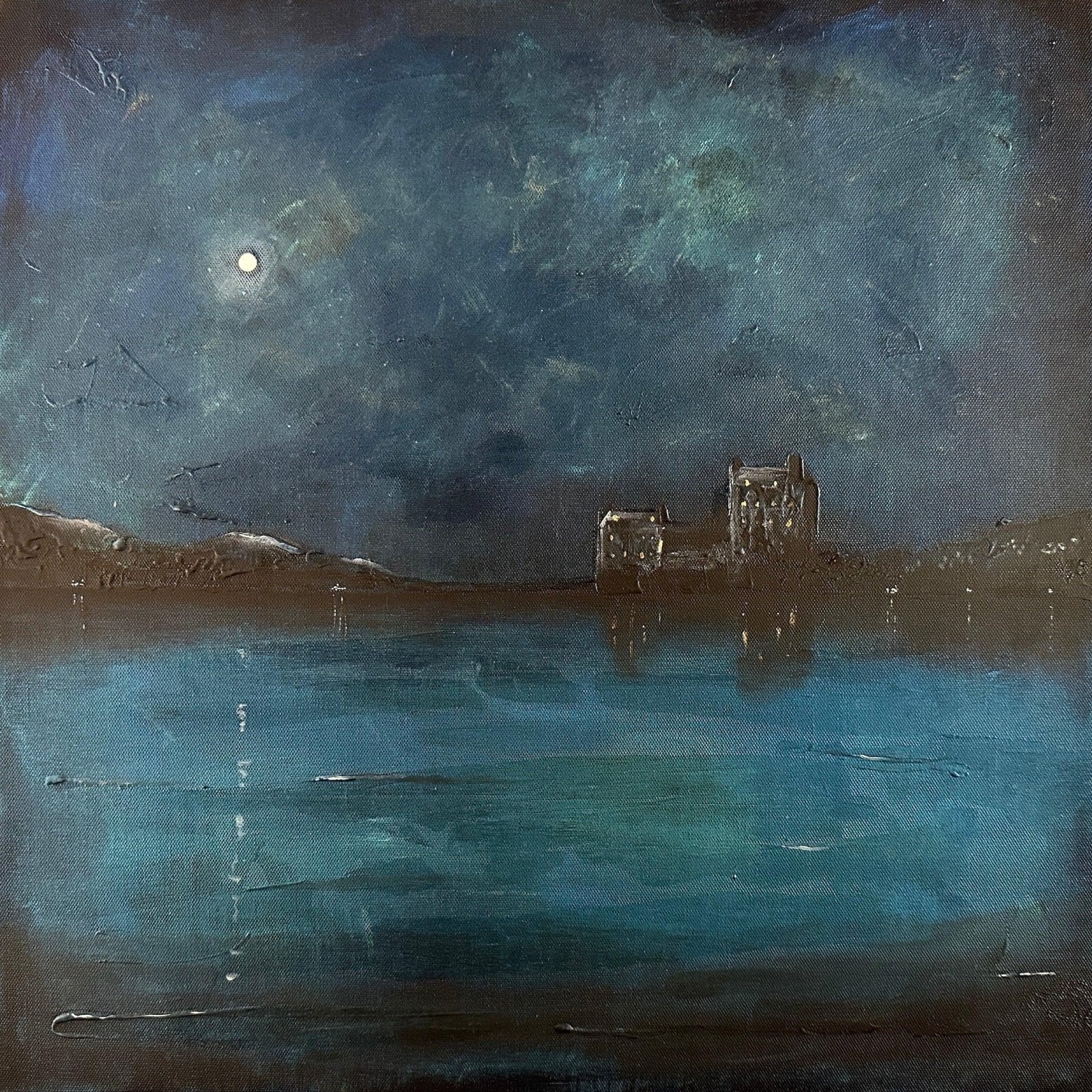 Eilean Donan Castle Prussian Twilight Original Landscape Painting-Original Paintings-Historic & Iconic Scotland Art Gallery-Paintings, Prints, Homeware, Art Gifts From Scotland By Scottish Artist Kevin Hunter