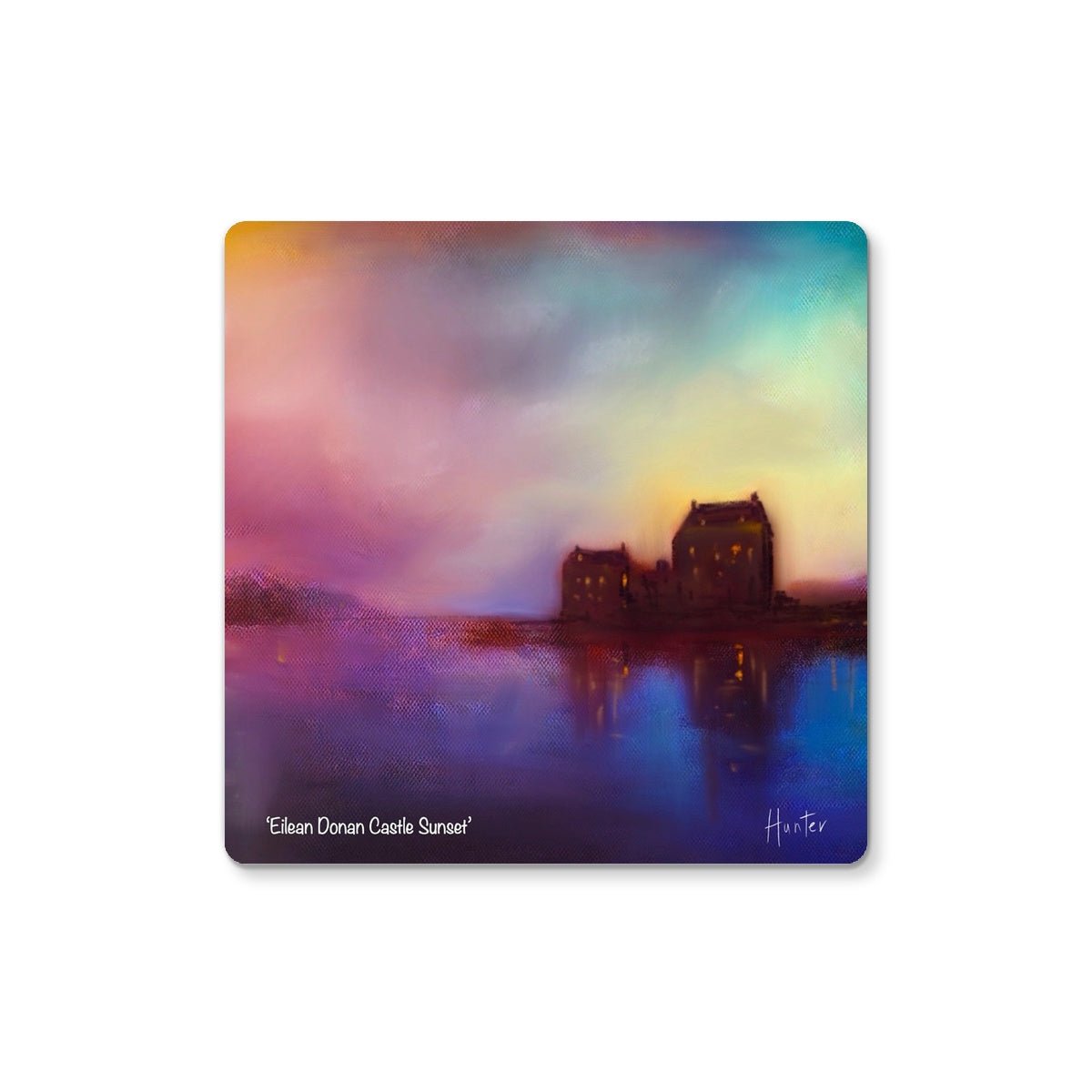 Eilean Donan Castle Sunset Art Gifts Coaster-Coasters-Historic & Iconic Scotland Art Gallery-2 Coasters-Paintings, Prints, Homeware, Art Gifts From Scotland By Scottish Artist Kevin Hunter