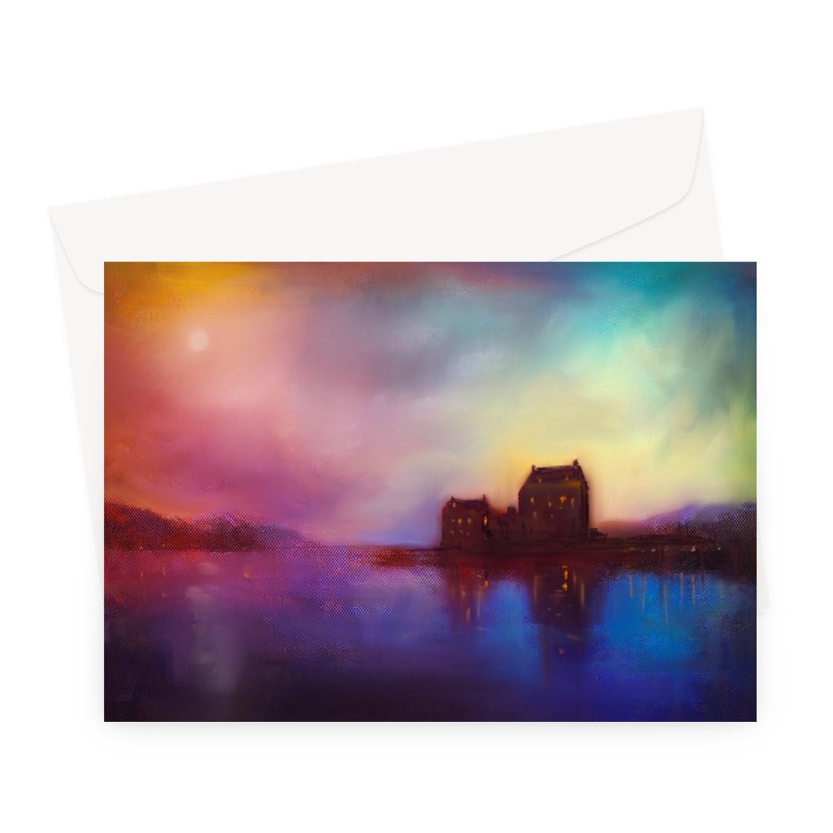 Eilean Donan Castle Sunset Art Gifts Greeting Card-Greetings Cards-Scottish Castles Art Gallery-A5 Landscape-10 Cards-Paintings, Prints, Homeware, Art Gifts From Scotland By Scottish Artist Kevin Hunter