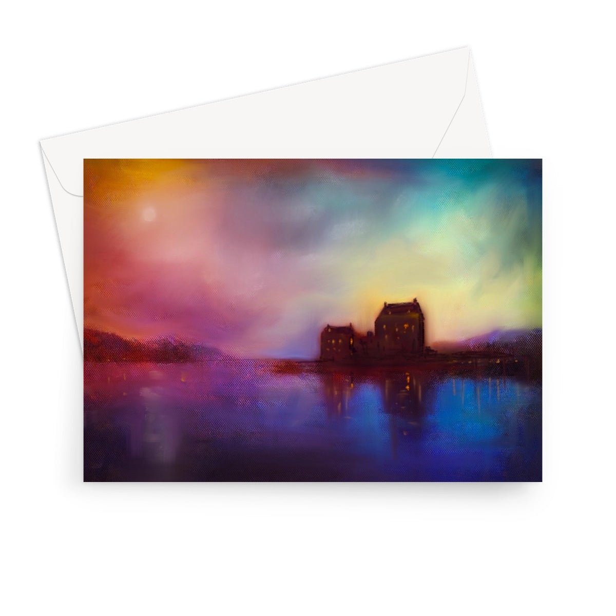 Eilean Donan Castle Sunset Art Gifts Greeting Card-Greetings Cards-Scottish Castles Art Gallery-7"x5"-10 Cards-Paintings, Prints, Homeware, Art Gifts From Scotland By Scottish Artist Kevin Hunter