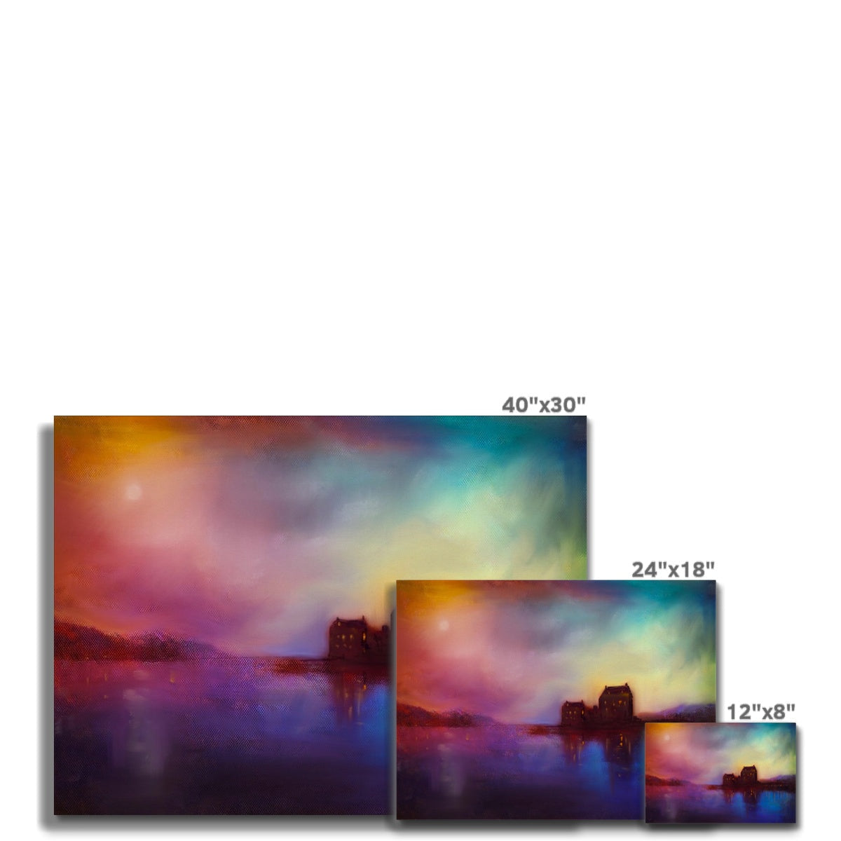 Three canvas prints of a vibrant, abstract landscape painting at varying dimensions.