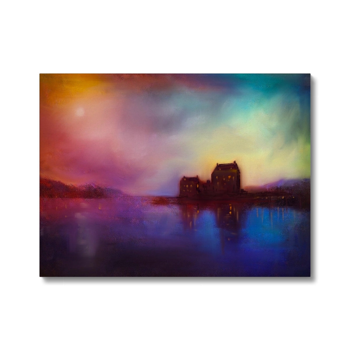 Vibrant oil painting of a waterside village at sunset.