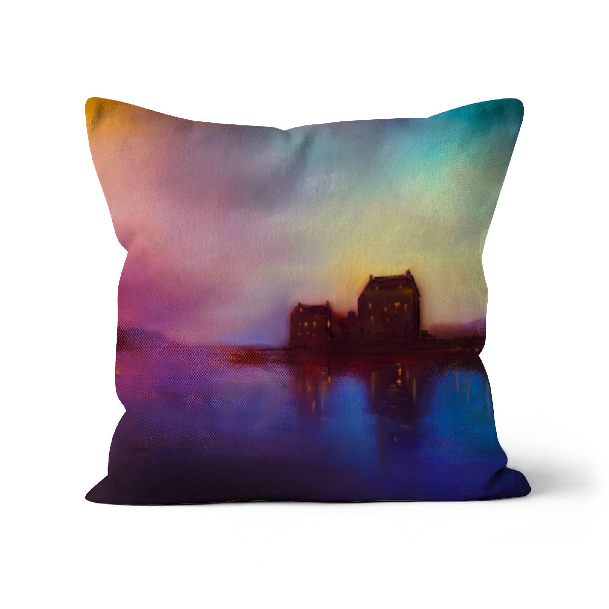 Eilean Donan Castle Sunset Cushion with colorful painterly landscape and water reflection