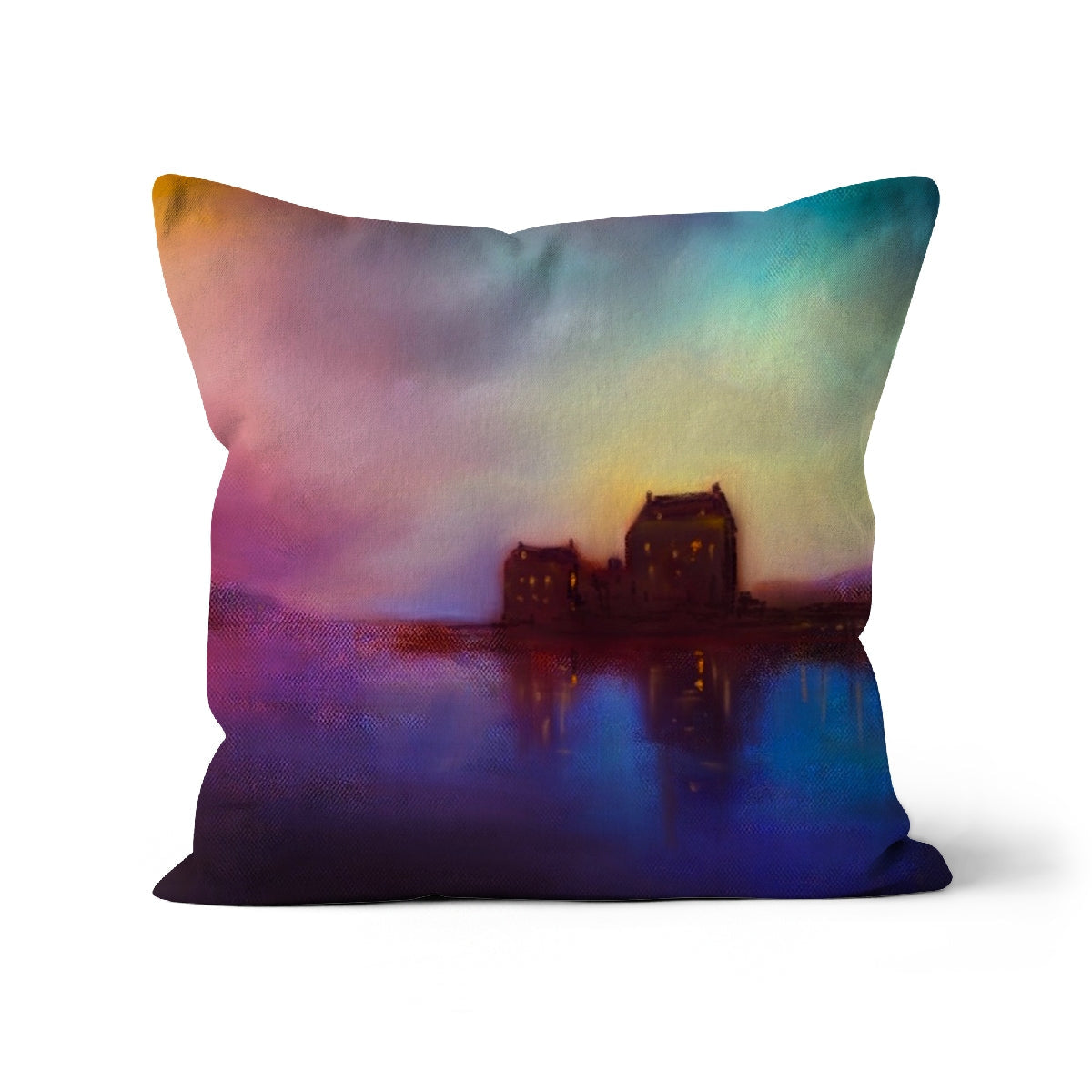 Eilean Donan Castle Sunset Cushion with colorful abstract landscape and silhouetted buildings