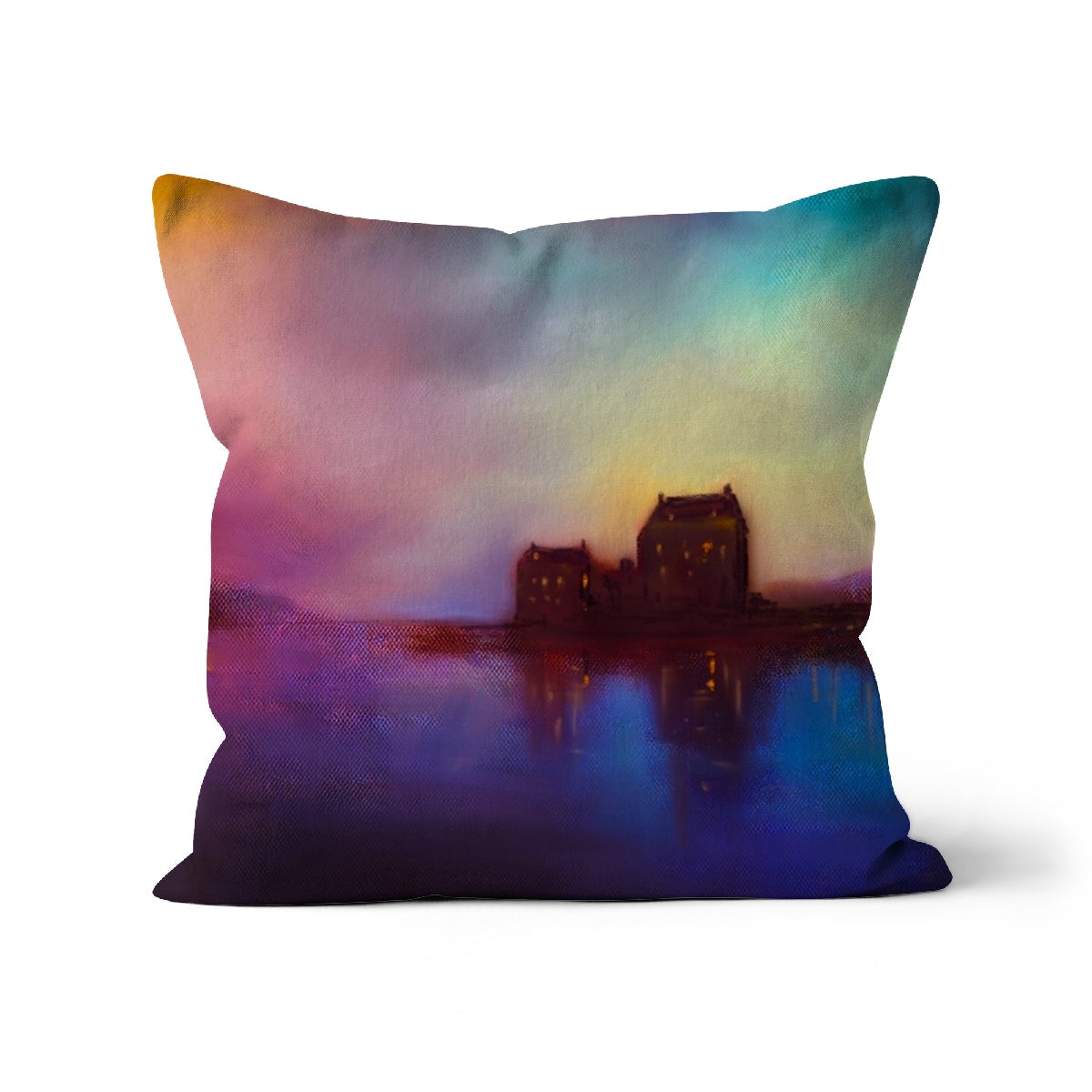 Decorative Eilean Donan Castle Sunset Cushion with vibrant colorful landscape painting design