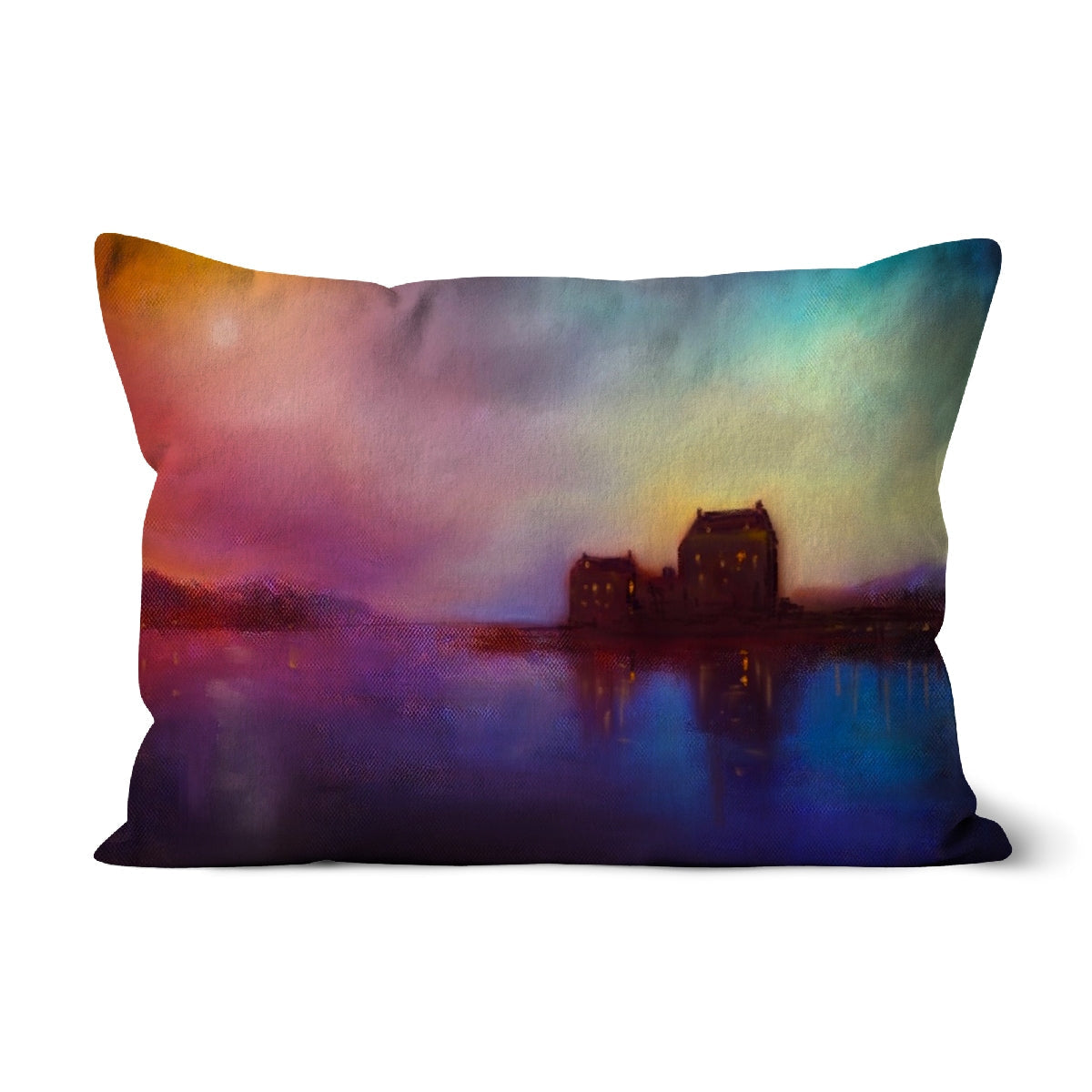 Rectangular decorative pillow with colorful painterly landscape of Eilean Donan Castle by water