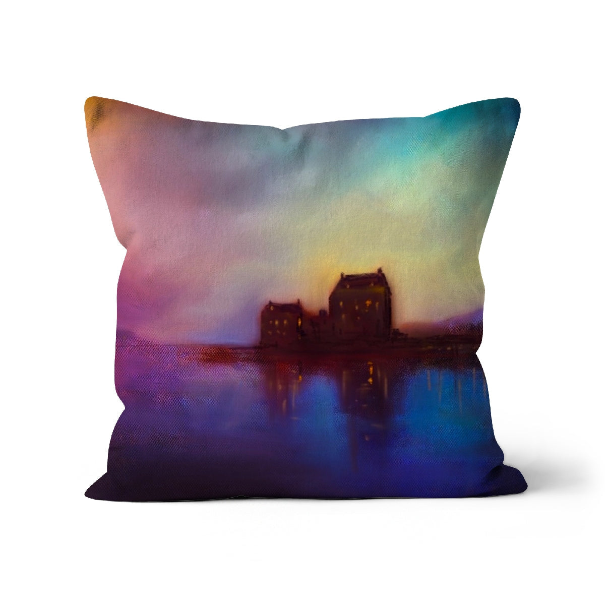 Square throw pillow featuring a colorful impressionistic painting of Eilean Donan Castle at dusk