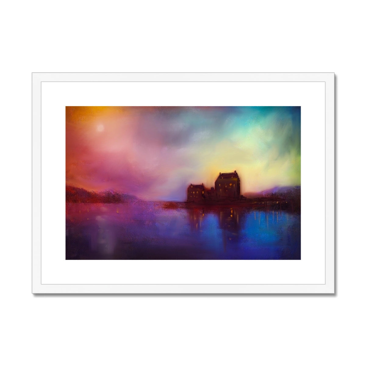 Framed canvas print of a colorful castle by a lake at sunset, titled Eilean Donan Castle Sunset