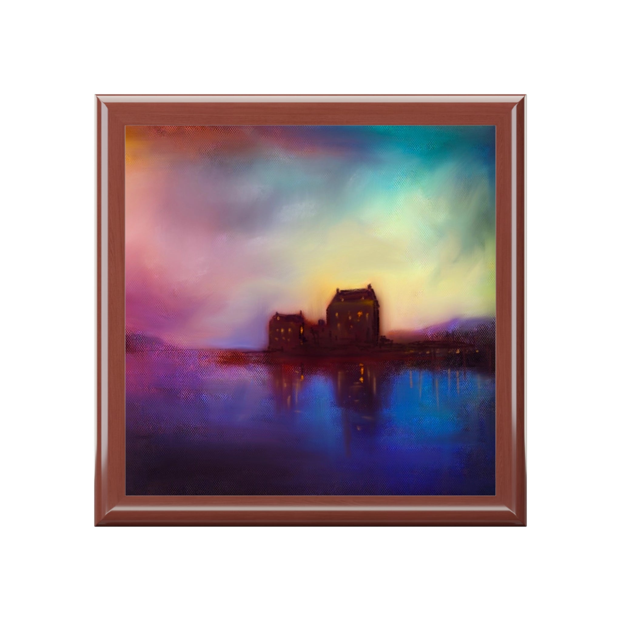 Square chocolate box with colorful impressionistic Eilean Donan Castle by a lake painting