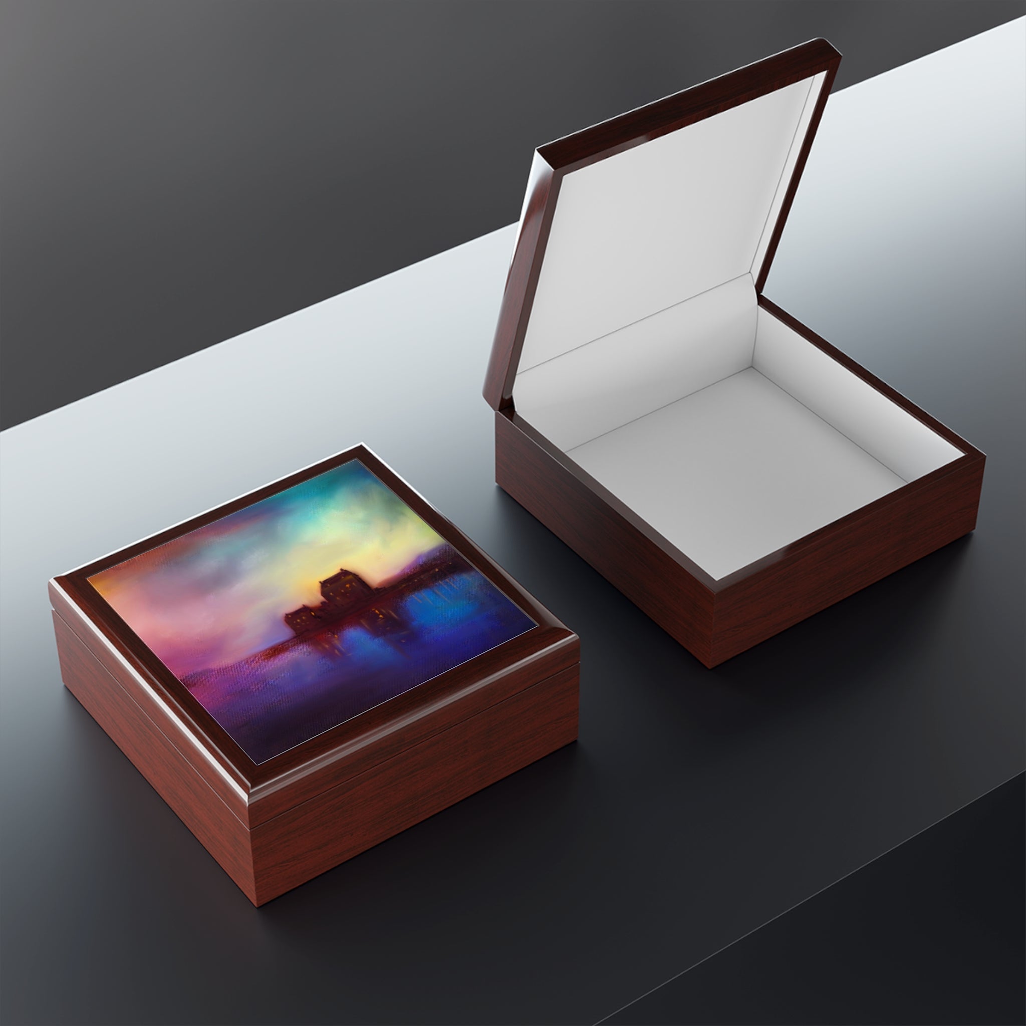 Two wooden jewellery boxes one with vibrant abstract art and an open white-lined interior