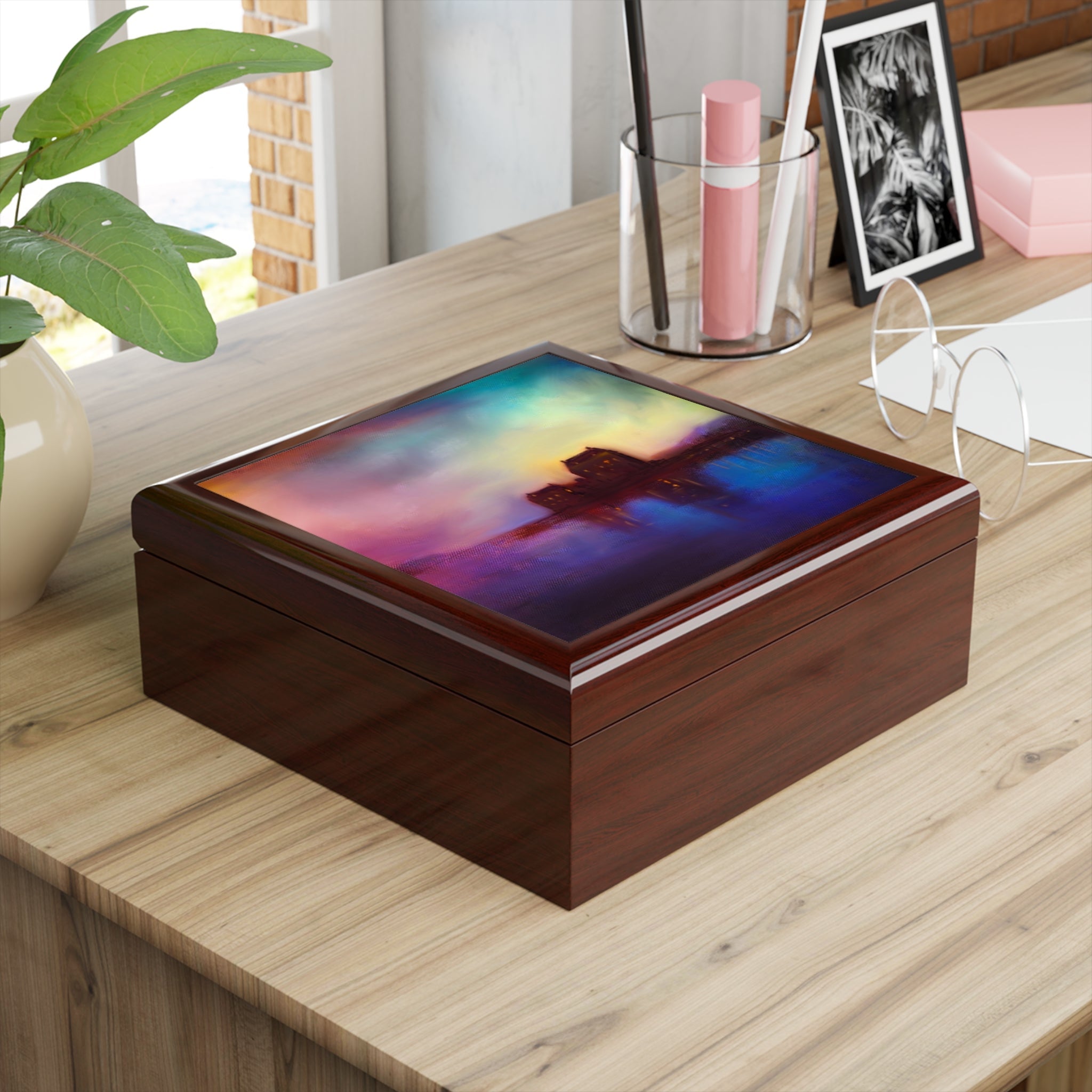 Rectangular wooden keepsake box with vibrant nebula design on lid, inspired by Eilean Donan Castle Sunset