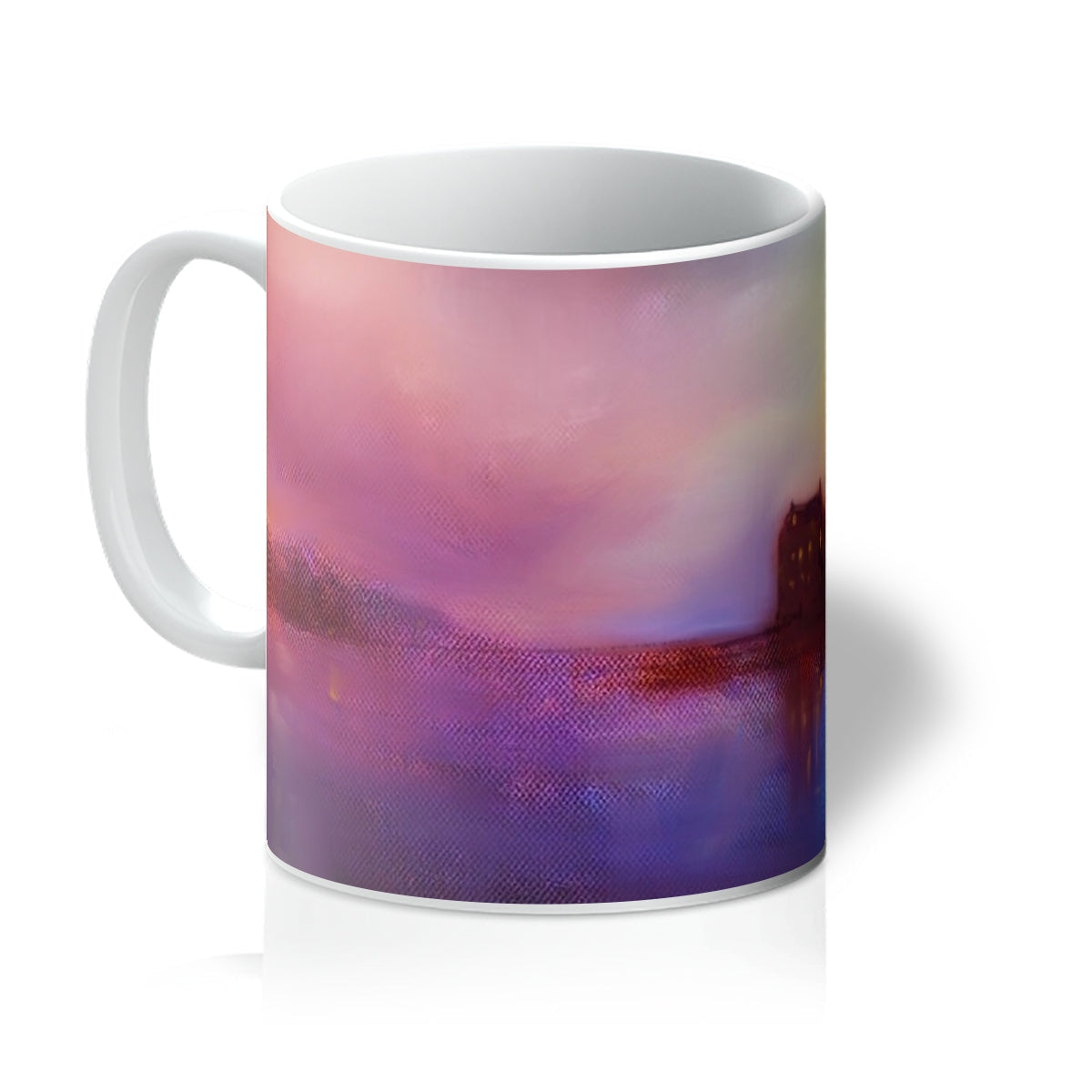 White ceramic Eilean Donan Castle Sunset Mug with abstract pink purple and red design