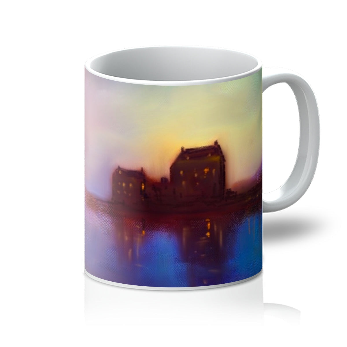 White ceramic Eilean Donan Castle Sunset Mug with colorful cityscape painting